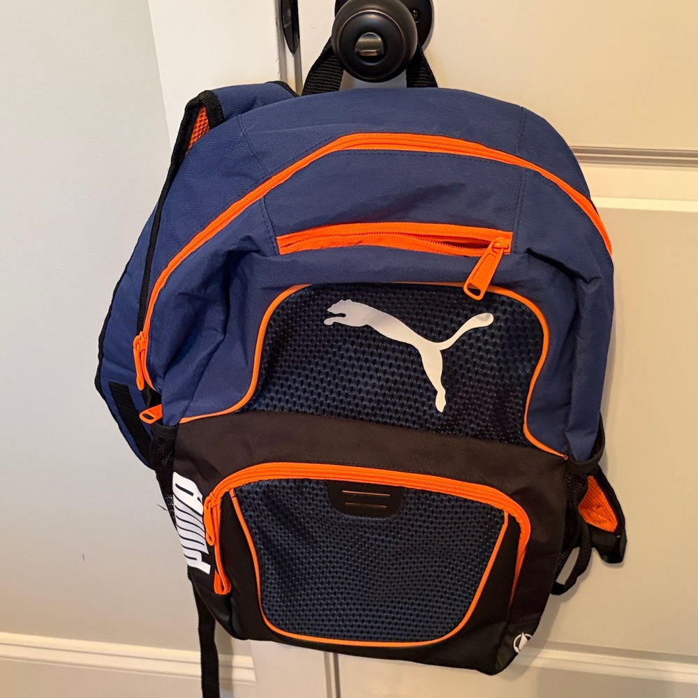 Puma Men's Backpack in Blue and Black with Orange Accents